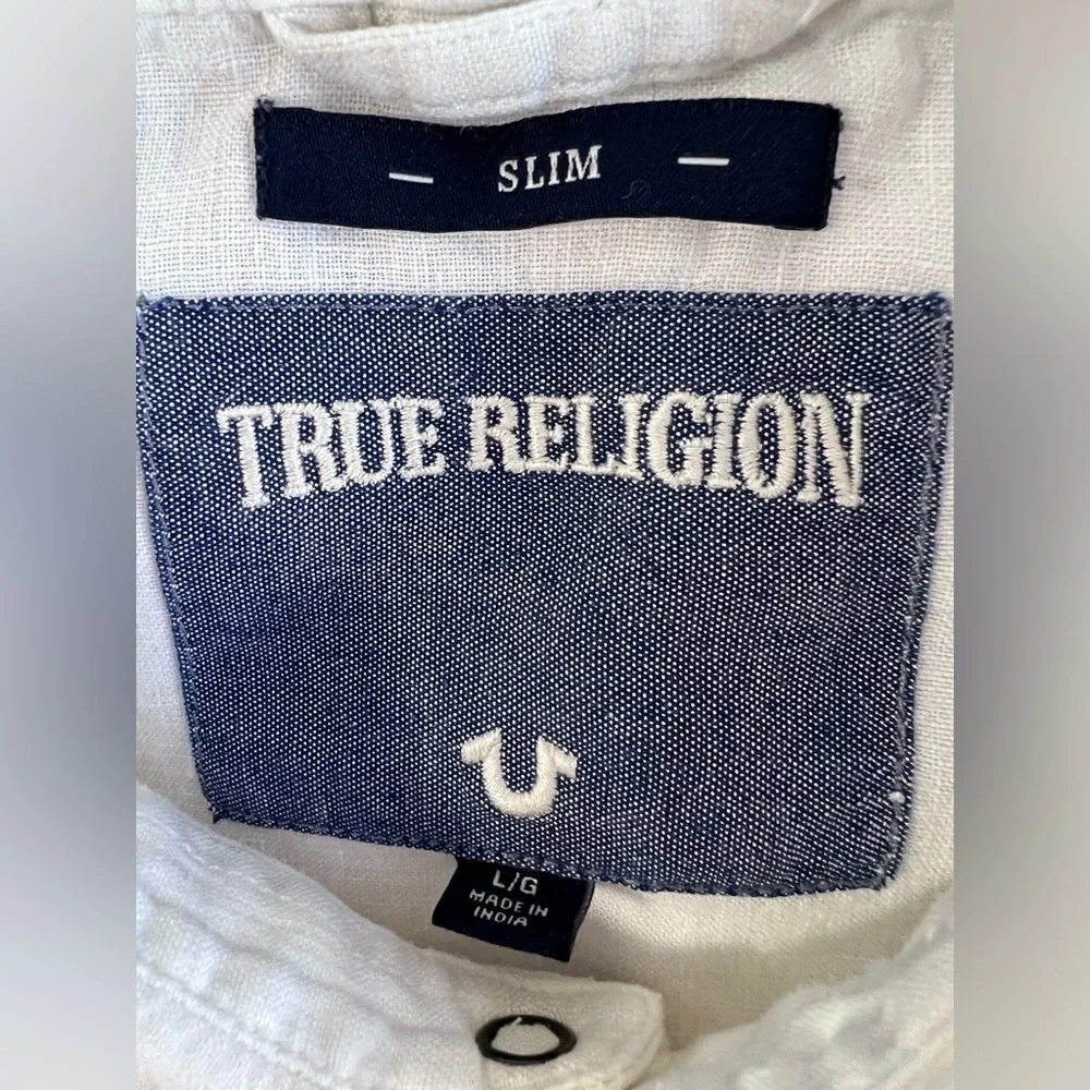 TRUE RELIGION Shirt Men‎ L 100% Linen Button up Slim Western Short Sleeve White